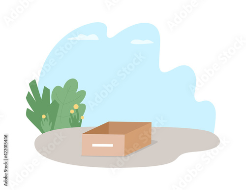 Cardboard box on street 2D vector web banner, poster. Abandon animals, place for homeless pets. Roadware flat scenery on cartoon background. City printable patch, colorful web element