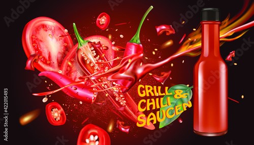 Red chili pepper with chili saucen packaging mock up splashing elements isolated on dark color background, Vector realistic in 3D illustration.