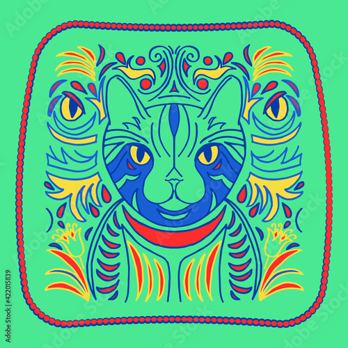 Drawing of a cat with a multicolored ornament. For draping on fabric.