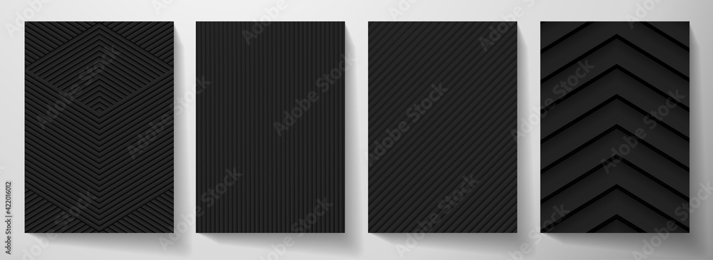 Modern blank black background design set. Creative dynamic line pattern (geometric stripe ornament) in monochrome. Abstract graphic vector background for cover notebook,vertical business page template - obrazy, fototapety, plakaty 