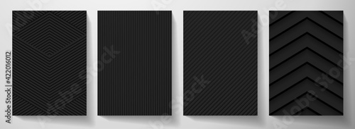Modern blank black background design set. Creative dynamic line pattern (geometric stripe ornament) in monochrome. Abstract graphic vector background for cover notebook,vertical business page template