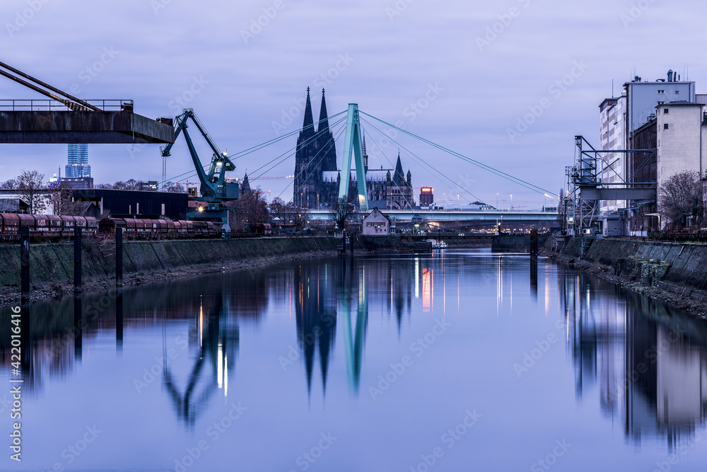 The small Deutzer Hafen in Cologne with a view of Cologne Cathedral, Germany.