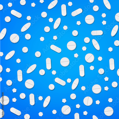 abstract background for medicine. various capsules, tablets and pills scattered on the table.Painkillers, antibiotics, vitamins, amino acids, minerals, bio active additive, sports nutrition.