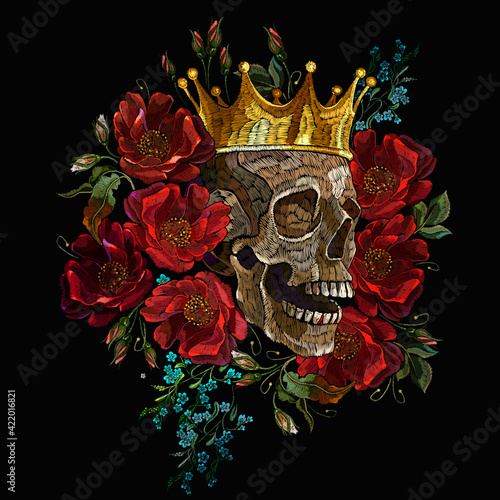 Embroidery human skull, golden crown and red roses flowers. Dark gothic halloween art. Medieval kings, fairy tale. Fashion clothes template and t-shirt design