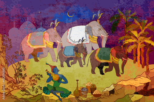 Old Asian culture. Mythology, tradition and history. Religion. Hinduism. Shiva. Sacred elephants in the jungle. Gods of India. Ancient frescoes. Traditional indian mural paintings style