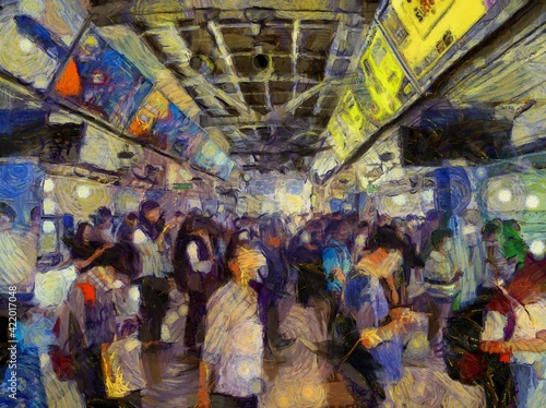 Sky train and passenger terminal in the heart of the city Illustrations creates an impressionist style of painting.