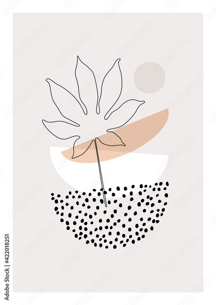 Modern illustration with tropical palm leaf one line art, dots texture, minimal geometric shape Modern illustration with tropical palm leaf one line art, dots texture, minimal geometric shape