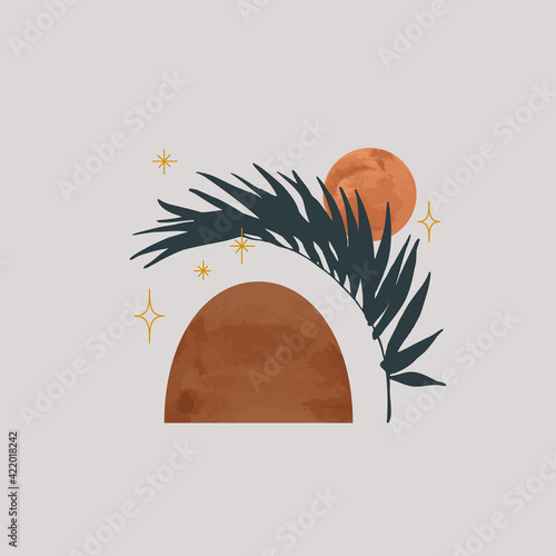 Minimalistic simple art in esoteric boho style. Tropical leaf and watercolor ...