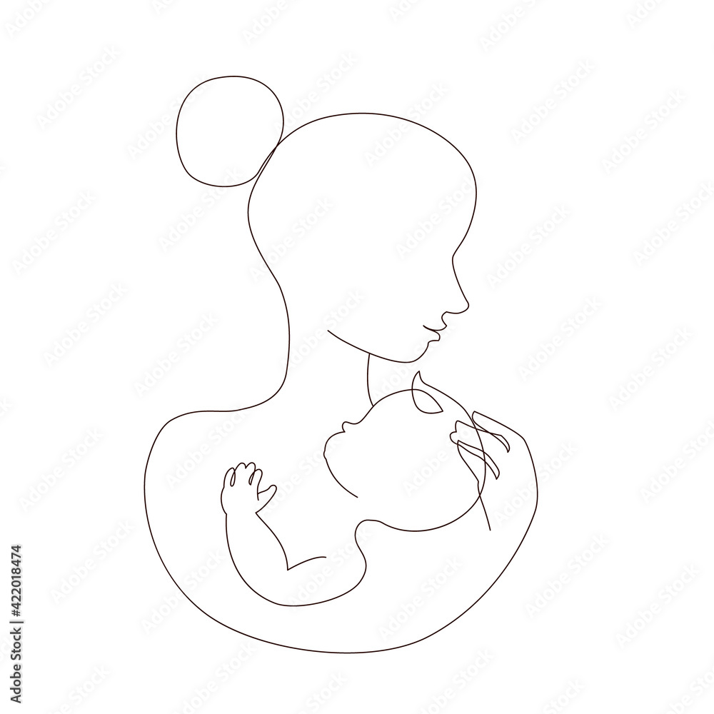 Abstract mother with a child in continuous one line drawing art style ...