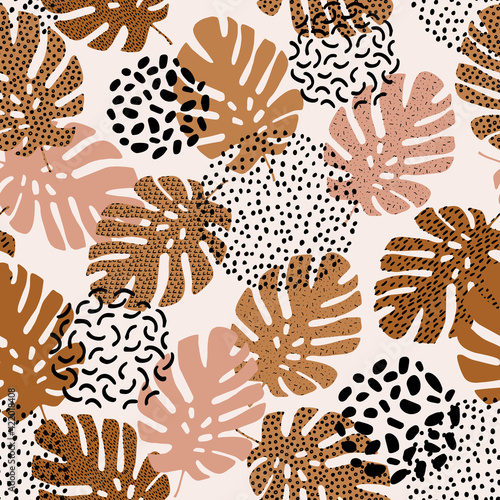Hand drawn tropical summer background: monstera leaf silhouettes with squiggl...