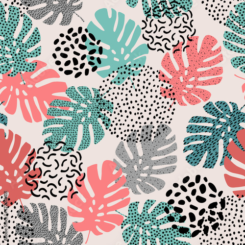 Hand drawn tropical summer background: monstera leaf silhouettes with squiggl...
