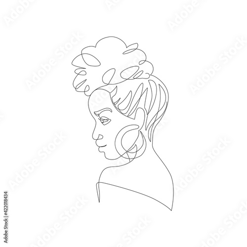 Black woman afro portrait. Female profile continuous line art.