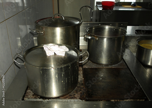 metal pots, pots and pans on the stove in the kitchen
