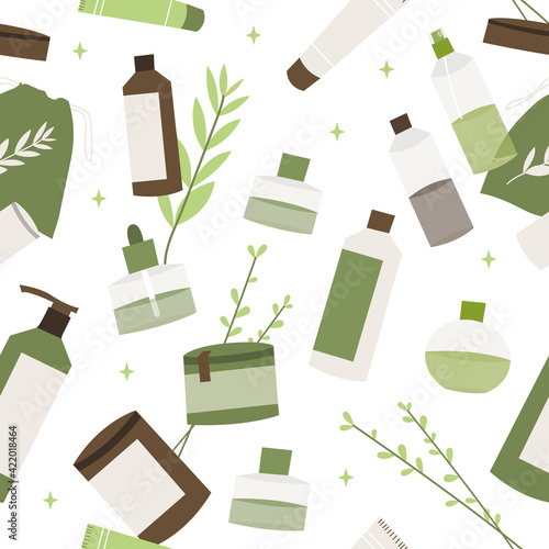 Homeopathy, naturopathy. Complementary, alternative, integrative, holistic medicine. Natural organic herb. Apothecary bottle. Vector flat cartoon illustration, seamless pattern