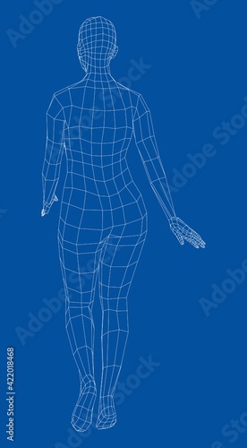 Wireframe walking woman. Vector