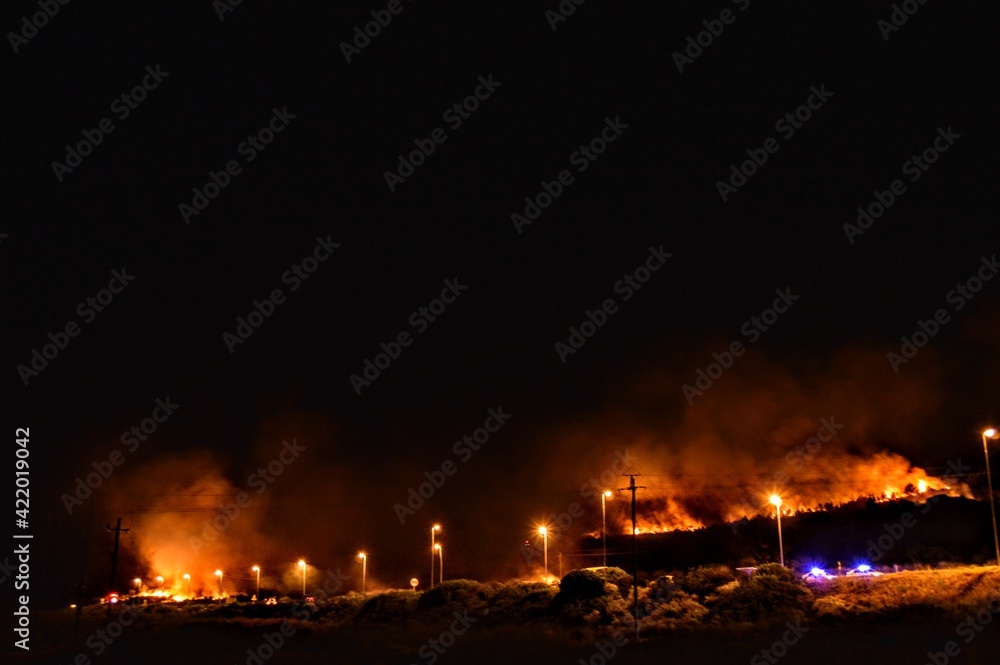 forest fire at night next to highway and police blocking traffic