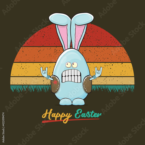 Easter bunny badass and funny cartoon character with bunny ears isolated on vitnage sun background. rock n roll easter party poster or happy easter greeting card with blue rabbit