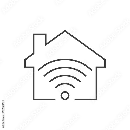 Sistemas inteligentes para el hogar. Logotipo silueta de casa con ondas inalámbricas con lineas en color gris