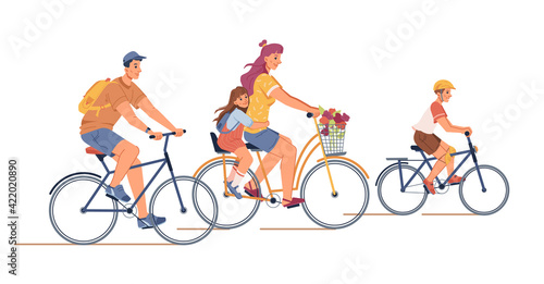 Parents and children riding on bicycles isolated people flat cartoon. Vector mother, father, son and daughter on bikes having fun together. Healthy cyclists leisure hobby sport activity, active people
