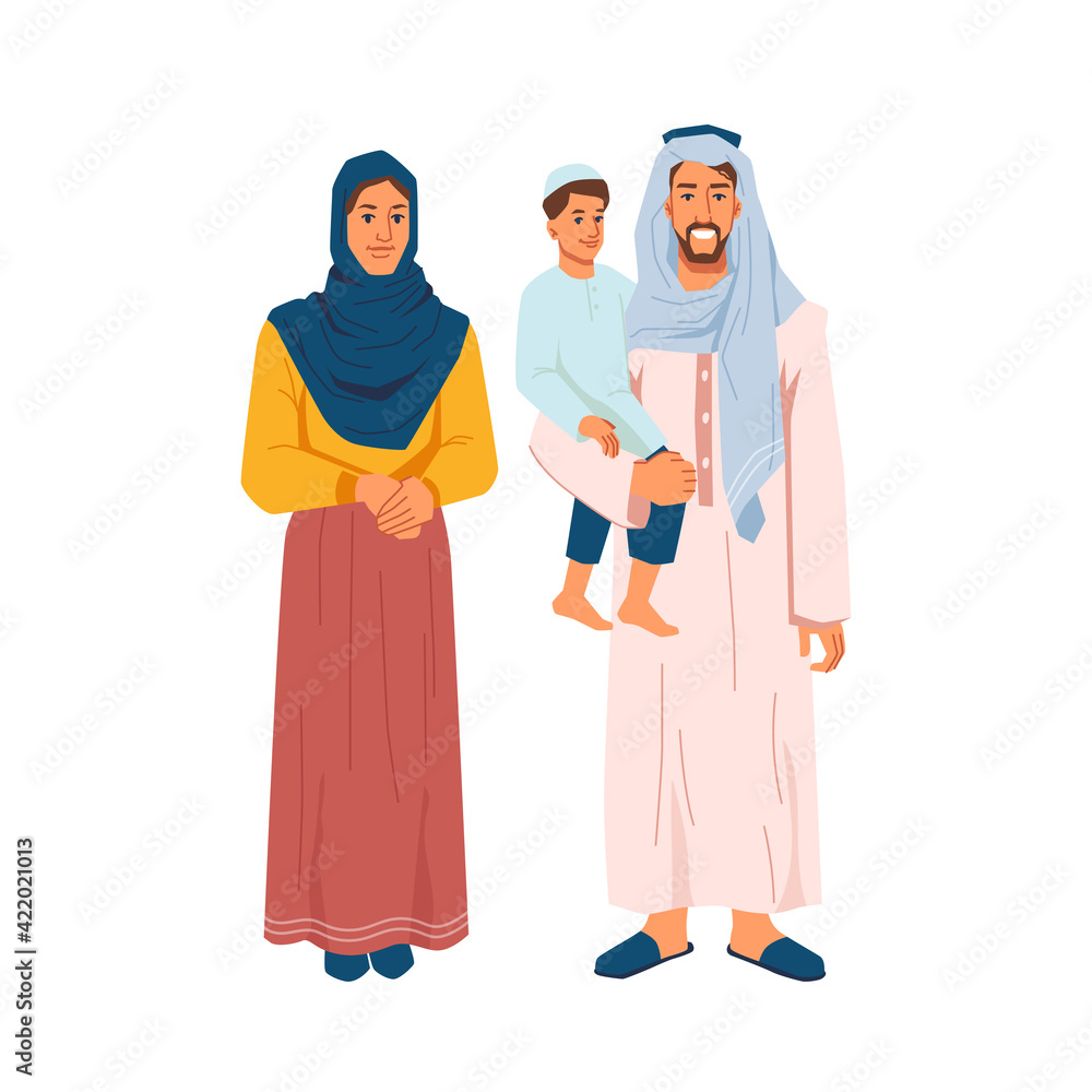 Happy muslim family, man with son on arms and woman in national cloth isolated cartoon people. Vector father and mother in hijab headscarf, bearded saudi guy, middle east parents. Parenthood concept