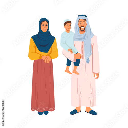 Happy muslim family, man with son on arms and woman in national cloth isolated cartoon people. Vector father and mother in hijab headscarf, bearded saudi guy, middle east parents. Parenthood concept
