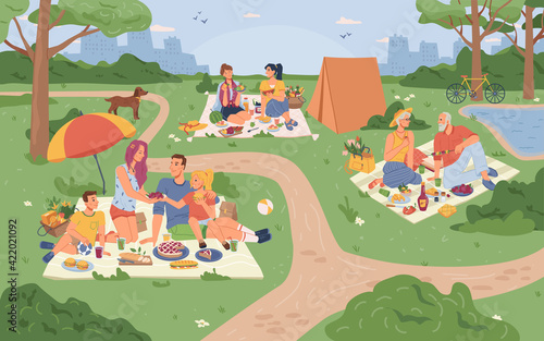 People on picnic in city park having fun together. Vector cartoon families sitting on blankets and enjoying food and drinks, parents and children, dog pet animal. Girl friends and elderly couple