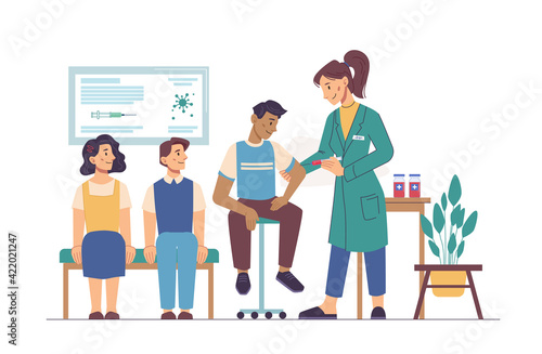 Vaccination people, students pupils waiting for vaccine injection in queue, nurse vaccinating young, flat cartoon. Coronavirus pandemic prevention, patients immunization in hospital, healthcare