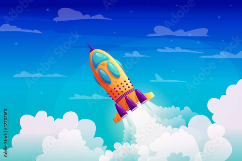 Space ship launch rocket with fire trace and smoke in blue starry sky and white clouds. Vector spacecraft liftoff, cartoon booster in flight. Start or takeoff of rocketship, spacecraft on speed