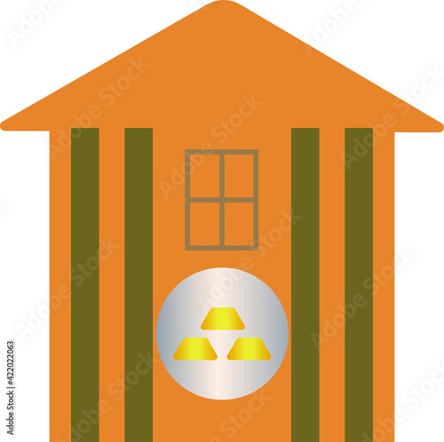 orange bank building with green columns and a silver circle with three gold bars