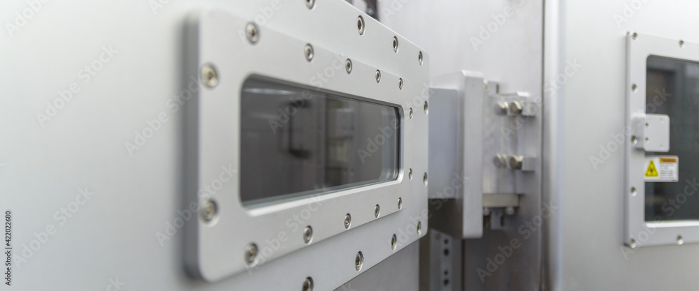 Part of chamber vacuum device industrial equipment silver color of research and development laboratory high technology . Part of chamber vacuum device industrial equipment silver color of research and development laboratory high technology .