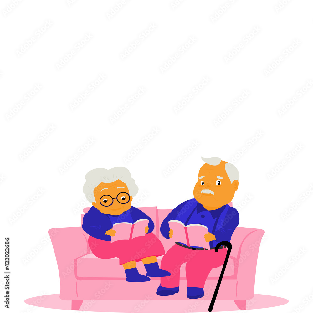 Obraz premium Vector illustration in flat style Of cartoon Grandmother and grandfather together. Grandparents. Elderly couple. A Old man with grey hair, mustache and a woman wearing colorful clothing with glasses