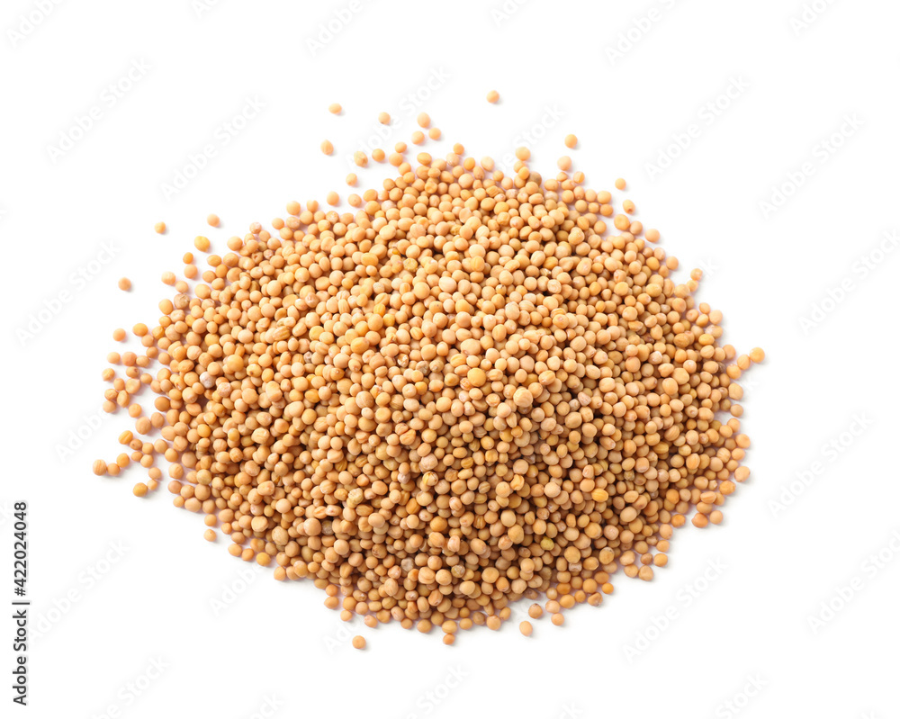 Heap of mustard seeds isolated on white, top view Heap of mustard seeds isolated on white, top view