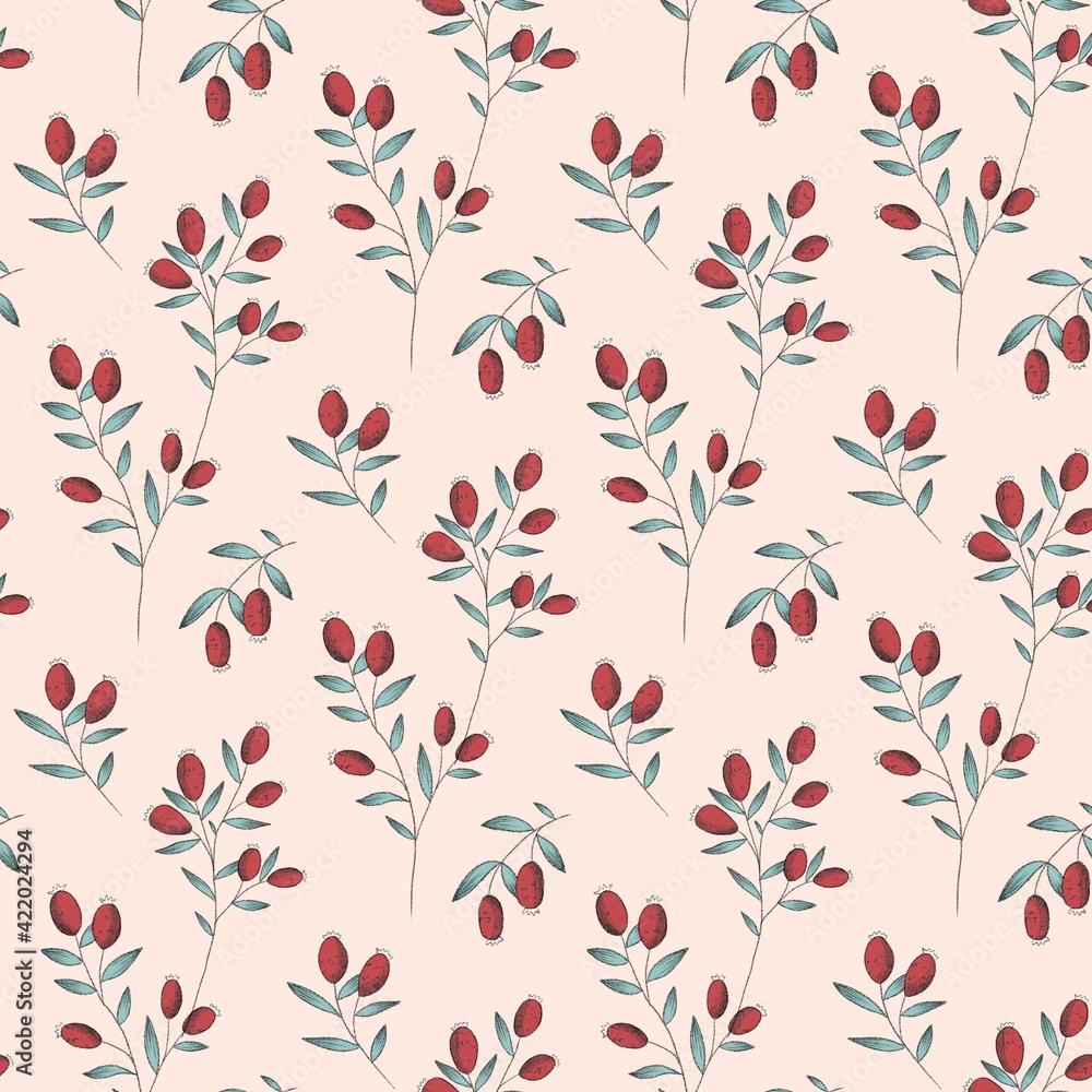  Red Rosehips with flowers and berries seamless pattern for tea. Black and white Graphic drawing, engraving style. hand drawn illustration on white background