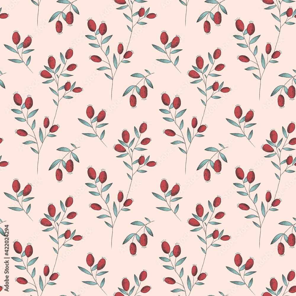 Red Rosehips with flowers and berries seamless pattern for tea. Black and white Graphic drawing, engraving style. hand drawn illustration on white background Red Rosehips with flowers and berries seamless pattern for tea. Black and white Graphic drawing, engraving style. hand drawn illustration on white background