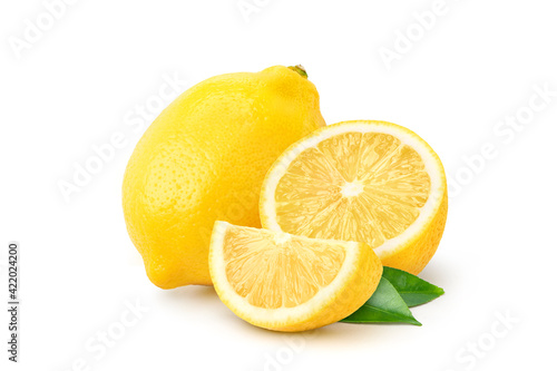 Natural Lemon fruit with cut in half and green leaf isolated on white background.