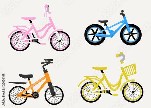 Set of kids bikes. Bicycles for children, for boys and for girls. Icons, vector, flat design.