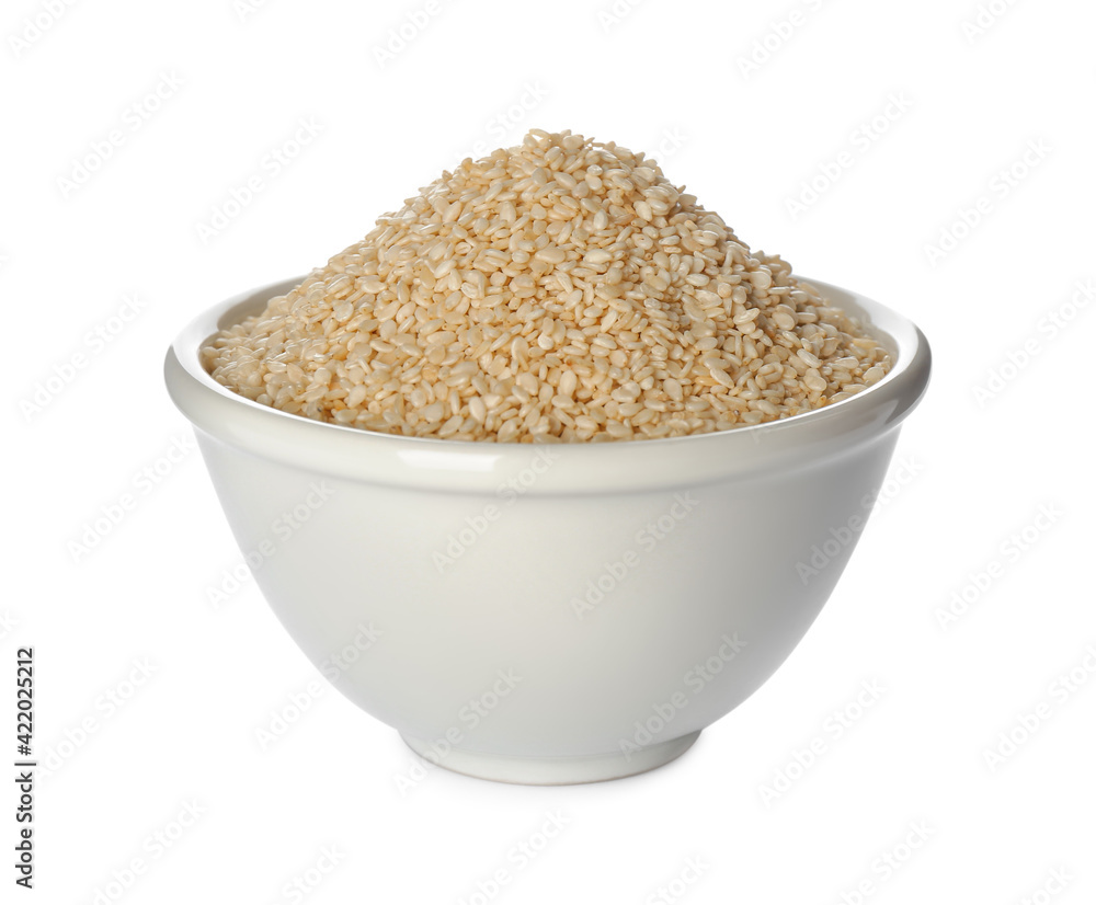 Ceramic bowl with sesame seeds on white background Ceramic bowl with sesame seeds on white background