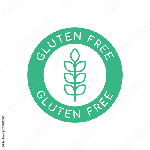 Gluten free icon, sign, logo. Wheat symbol in a green circle. Green round badge with text Gluten free. Seal guarantee to avoid gluten in food (wheat, barley, rye). Vector illustration, flat, clip art