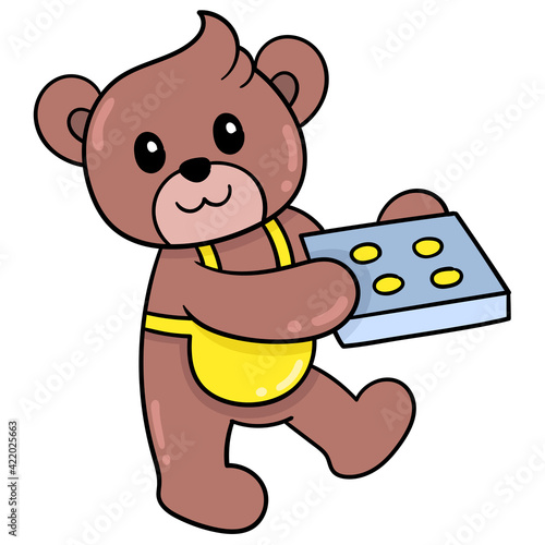 A cute teddy bear is carrying a baking sheet filled with cooked cakes. doodle icon image kawaii.