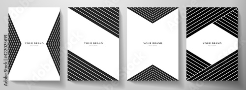 Modern black, white cover design set. Creative abstract with diagonal dynamic line pattern (stripe) on background. Premium vector collection for business brochure, catalog template, booklet layout