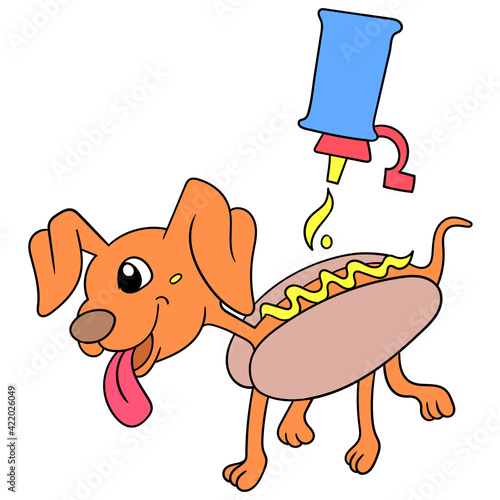 animal hot dogs with mayonnaise pouring sandwiched on bread. doodle icon image kawaii.