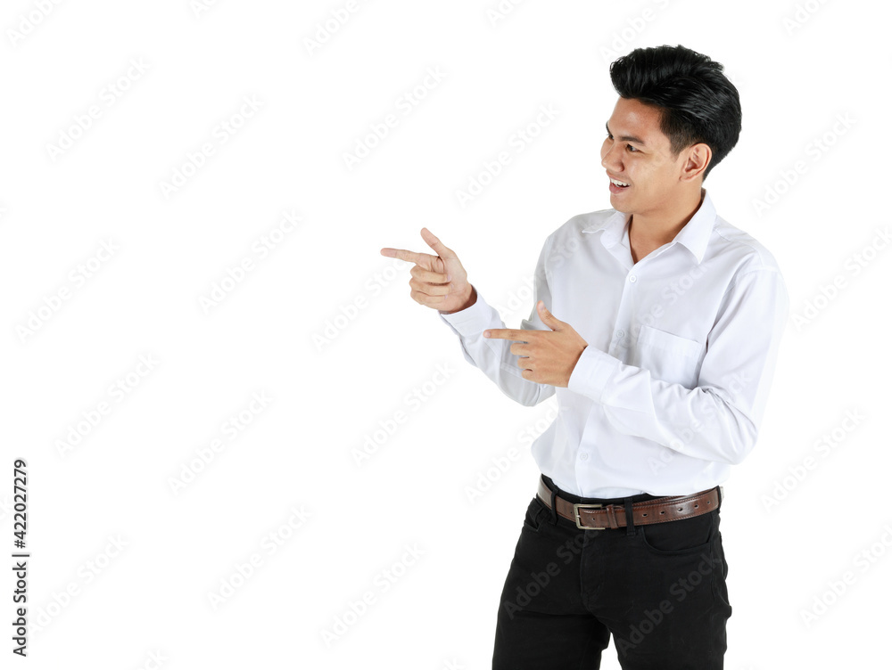 Portrait studio shot of a young friendly face and handsome Asian man standing and pose to camera with positive gesture isolated on white background and pointing finger to copy space on side of him. Portrait studio shot of a young friendly face and handsome Asian man standing and pose to camera with positive gesture isolated on white background and pointing finger to copy space on side of him.