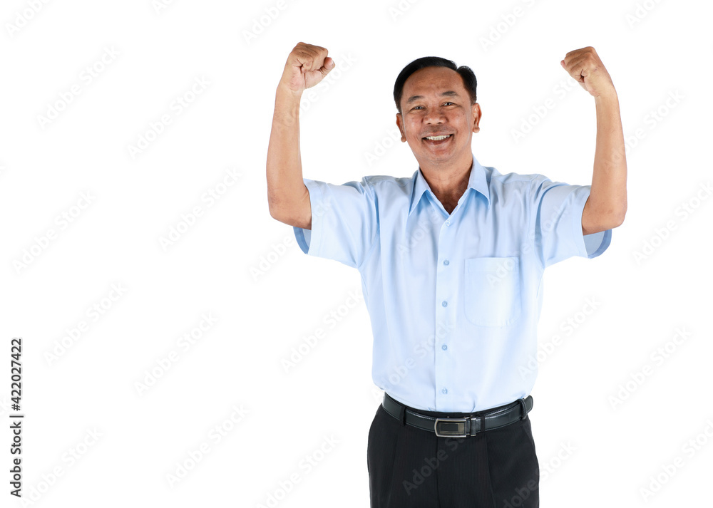 A kindly face and warm character ole senior Asian man with a friendly and happy smile standing and pose to camera isolated on white background and raise hands to show strength and feel powerful A kindly face and warm character ole senior Asian man with a friendly and happy smile standing and pose to camera isolated on white background and raise hands to show strength and feel powerful