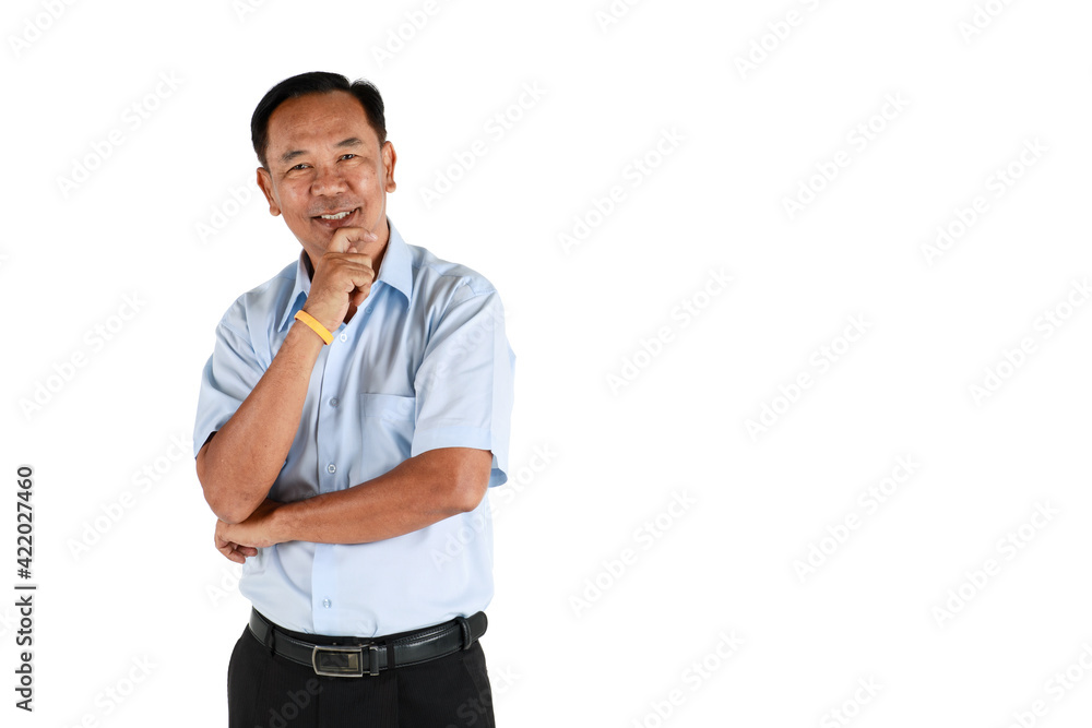 A kindly face and warm character ole senior Asian man with a friendly and happy smile standing and pose to camera isolated on white background and touching chin with hand in thinking gesture A kindly face and warm character ole senior Asian man with a friendly and happy smile standing and pose to camera isolated on white background and touching chin with hand in thinking gesture
