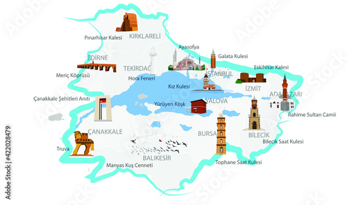 Turkey s historical and touristic places. Marmara region. Touristic places. Vector images.
