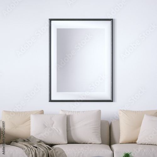 Danish Design Interior with Cozy Couch and Blanket, Isolated Empty Frame Mockup Hanged on Walls © aytek