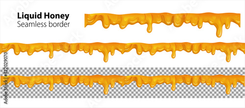 Liquid honey drips. Seamless long border with melted honey drops. Vector illustration with isolated design element.