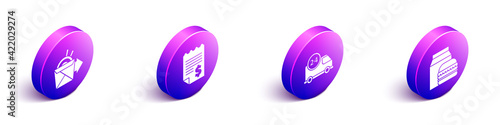 Set Isometric Online ordering noodles delivery, Paper or financial check, Fast delivery by car and Online ordering and burger delivery icon. Vector