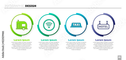 Set Rv Camping trailer, Wi-Fi wireless internet network, Taxi car roof and Signboard with text Hotel. Business infographic template. Vector