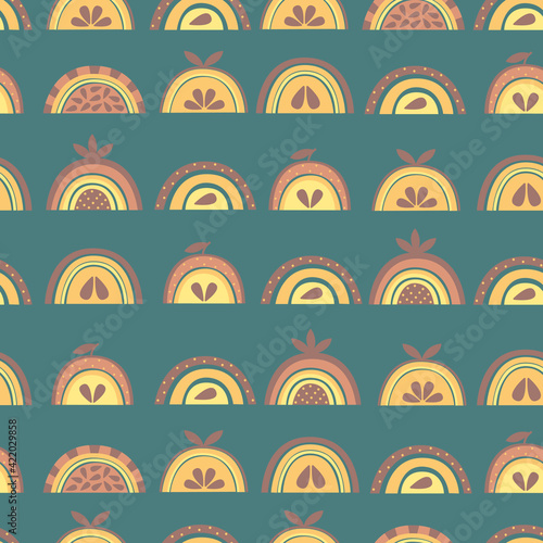 Vector seamless pattern : flat illustration of simple exotic fruits with seeds and leaves. Warm brown, beige colors on deep blue .Design for card, textile, prints, wrapping paper, wallpaper.